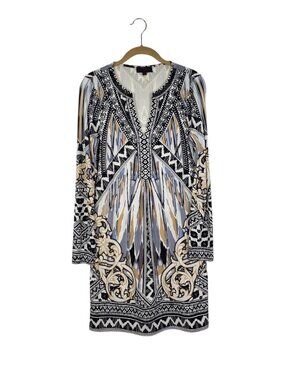 Hale Bob Long Sleeve Printed Dress Split V-Neck Beaded Mesh Lined Womens Small
